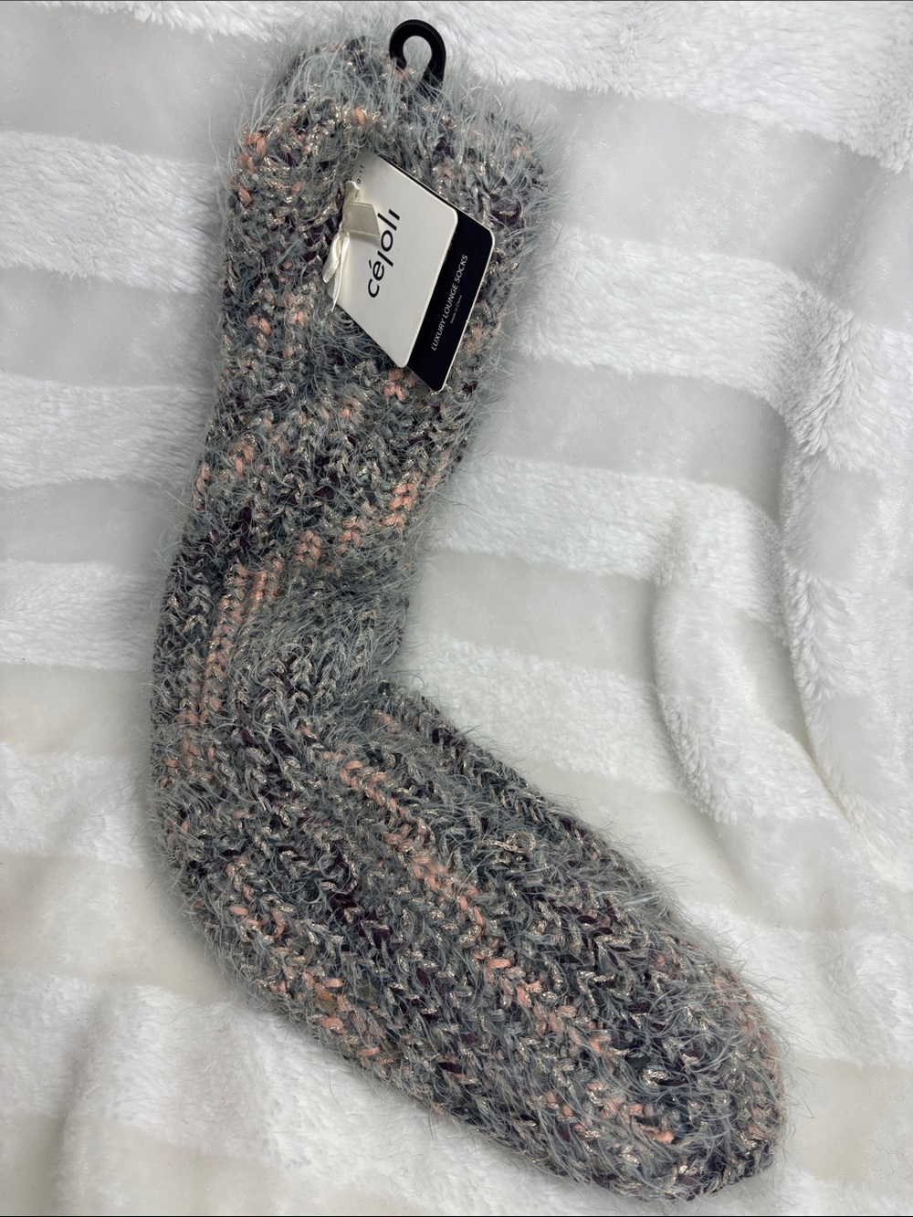 Cejoli Cable Knit Lounge Sherpa Lined Socks Gray with Blended Glitz Accents